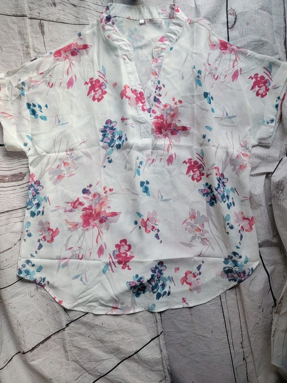 Womens Floral V-Neck Blouse Short Cuffed Sleeve White Pink Blue Size L